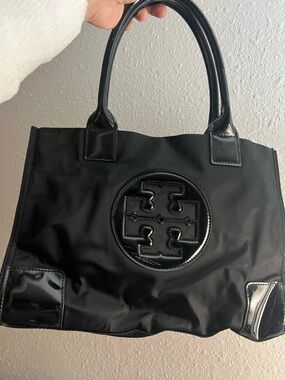 SALE Tory Burch Black Patent-Trim Logo Tote